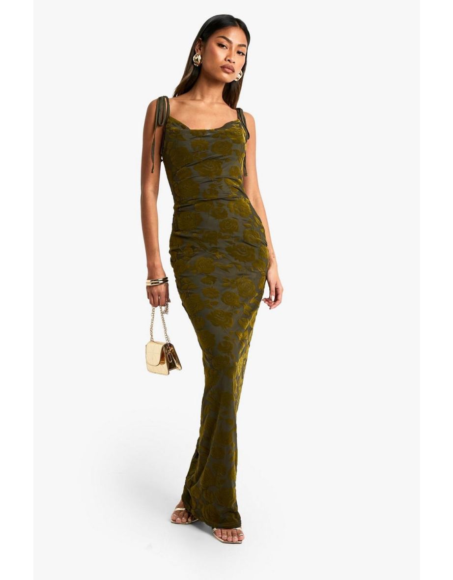 Tie Detail Devore Cowl Floor Length Dress - khaki
