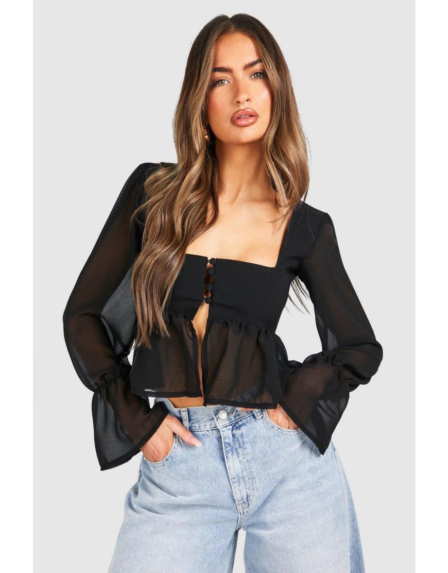 Volume Sleeve Chiffon Corset Top - black
