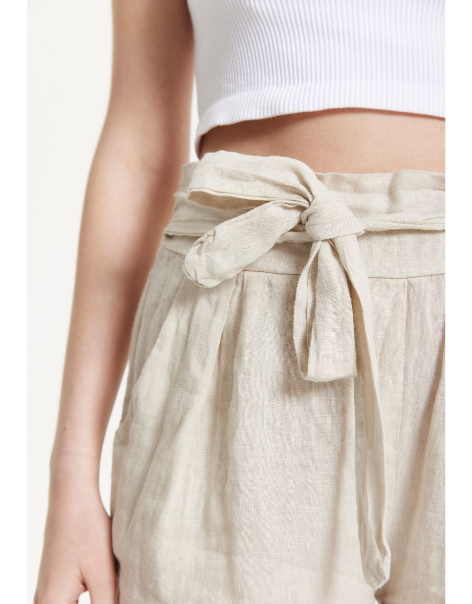 Beige Linen Tie Waist Shorts - 4
