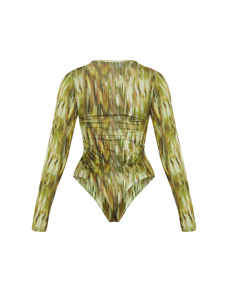 Green Abstract Print Crew Neck Long Sleeve Bodysuit - 3