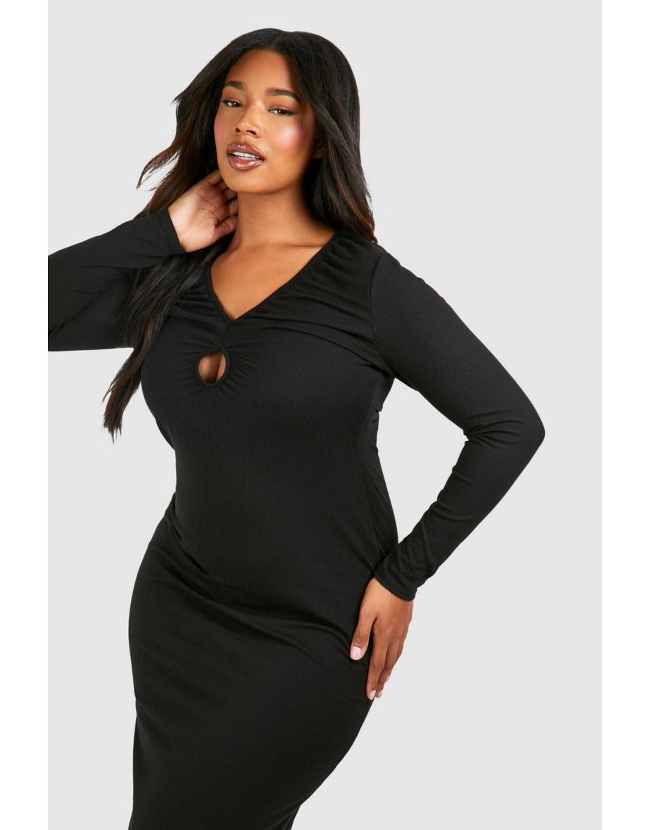 Plus Rib Key Hole Detail Long Sleeve Midaxi Dress - black - 3