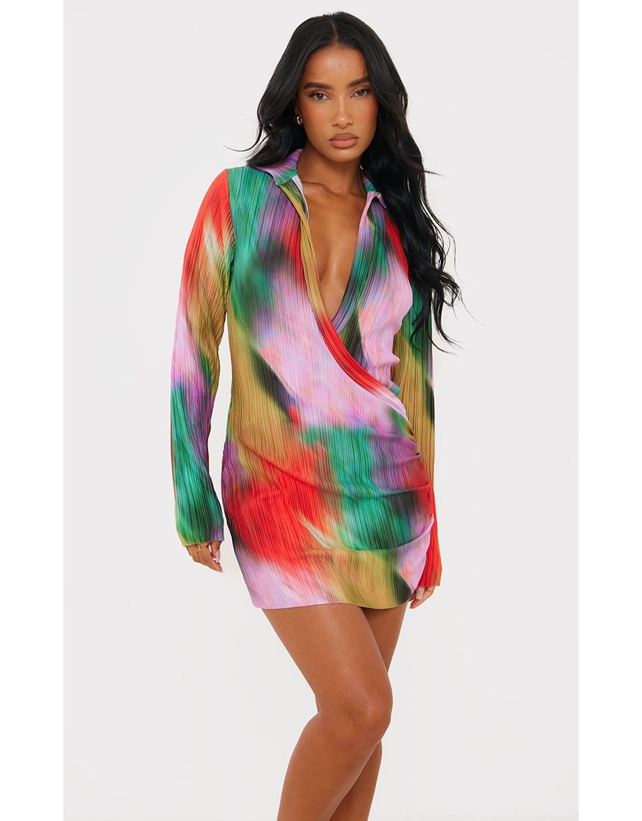 Multi Watercolour Print Plisse Plunge Drape Shirt Dress