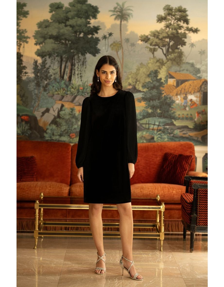 Yumi Black Velvet Tunic Dress with Pleated Balloon Sleeves And Tie Back