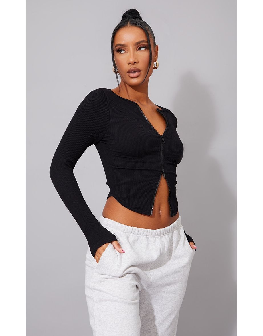 Black Contour Rib Double Zip Top