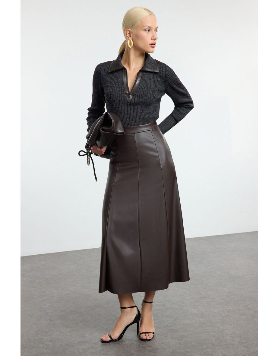 Dark Brown Faux Leather High Waist Maxi Skirt