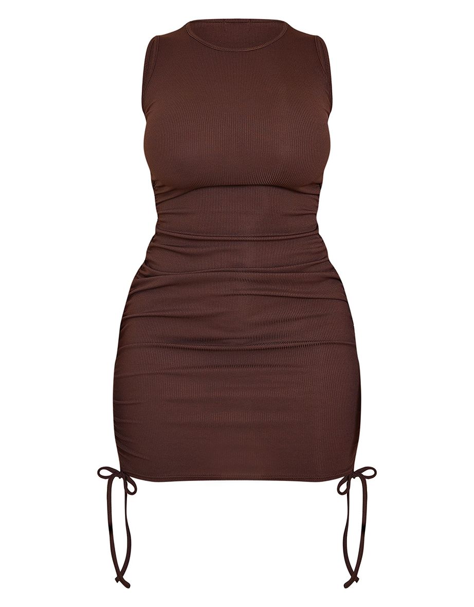 Shape Chocolate Brown Rib Ruched Side Sleeveless Bodycon Dress - 4