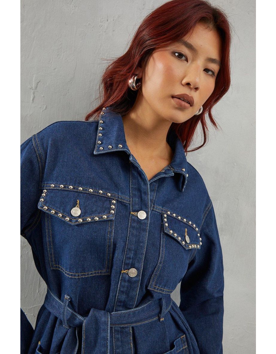 Stud Detail Belted Denim Jacket - 3