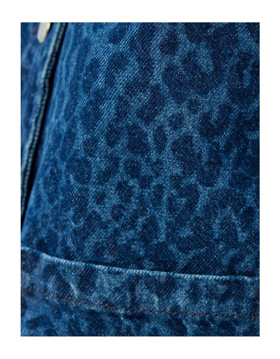 Denim Jacket Crew Neck Leopard Print Buttoned Pocket Detail - 6