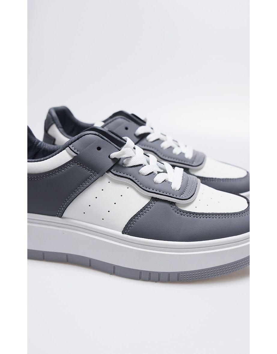 White and Grey Pu Contrast Chunky Sole Lace Up Trainers - 3