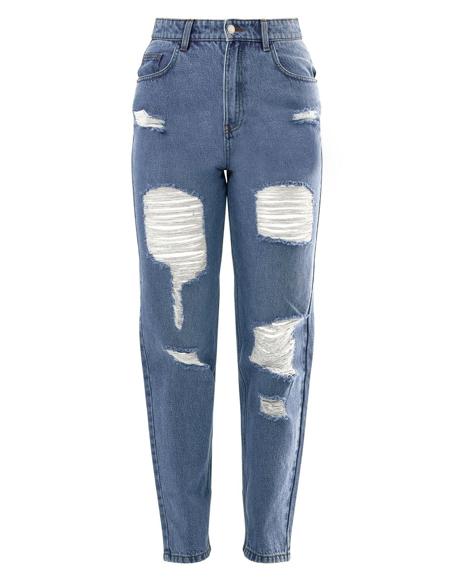 PRETTYLITTLETHING Mid Blue Wash Distressed Mom Jeans - 4