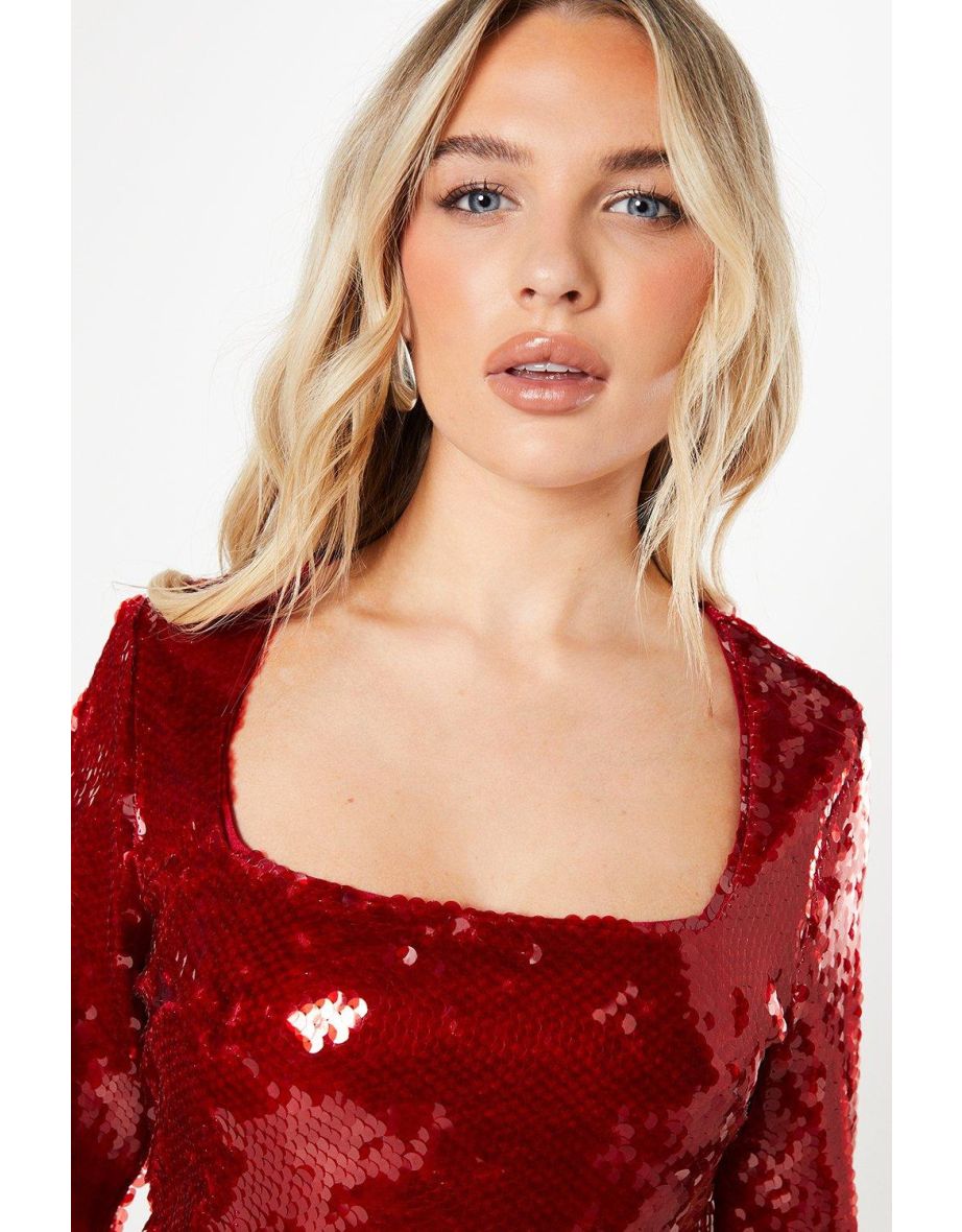 Petite Sequin Square Neck Long Sleeve Pencil Dress - 3