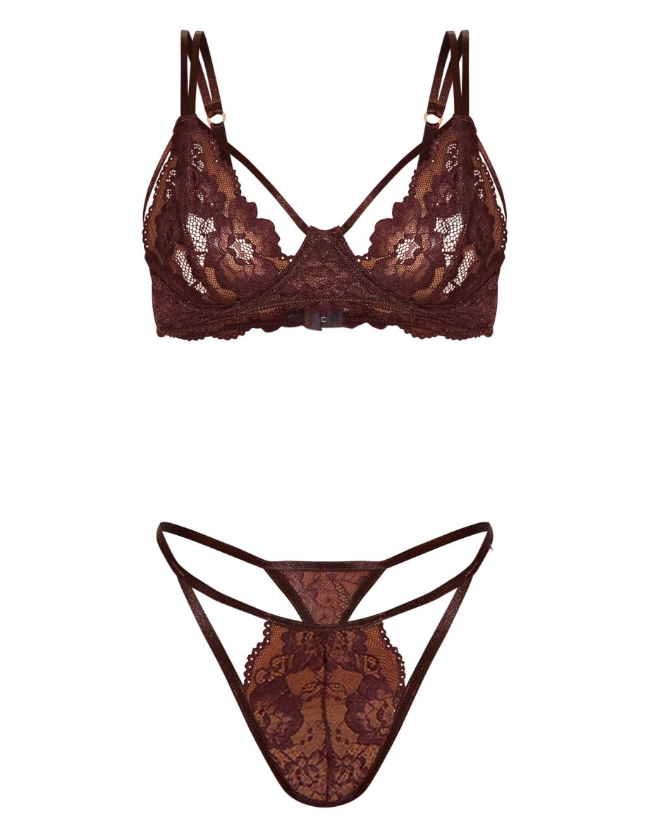 Chocolate Lace Strappy Cut Out Lingerie Set - 3