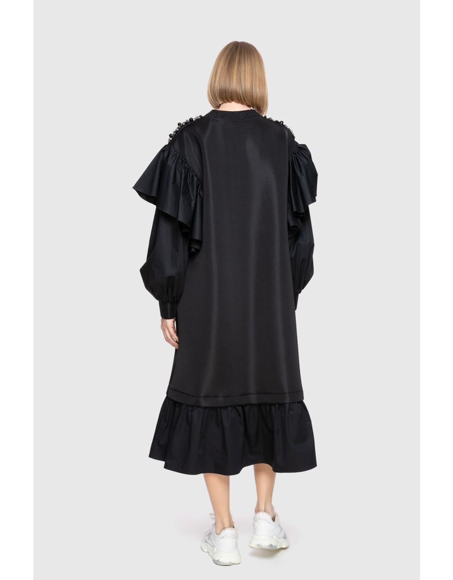 Volan Detail Voluminous Sleeve Black Dress - 2