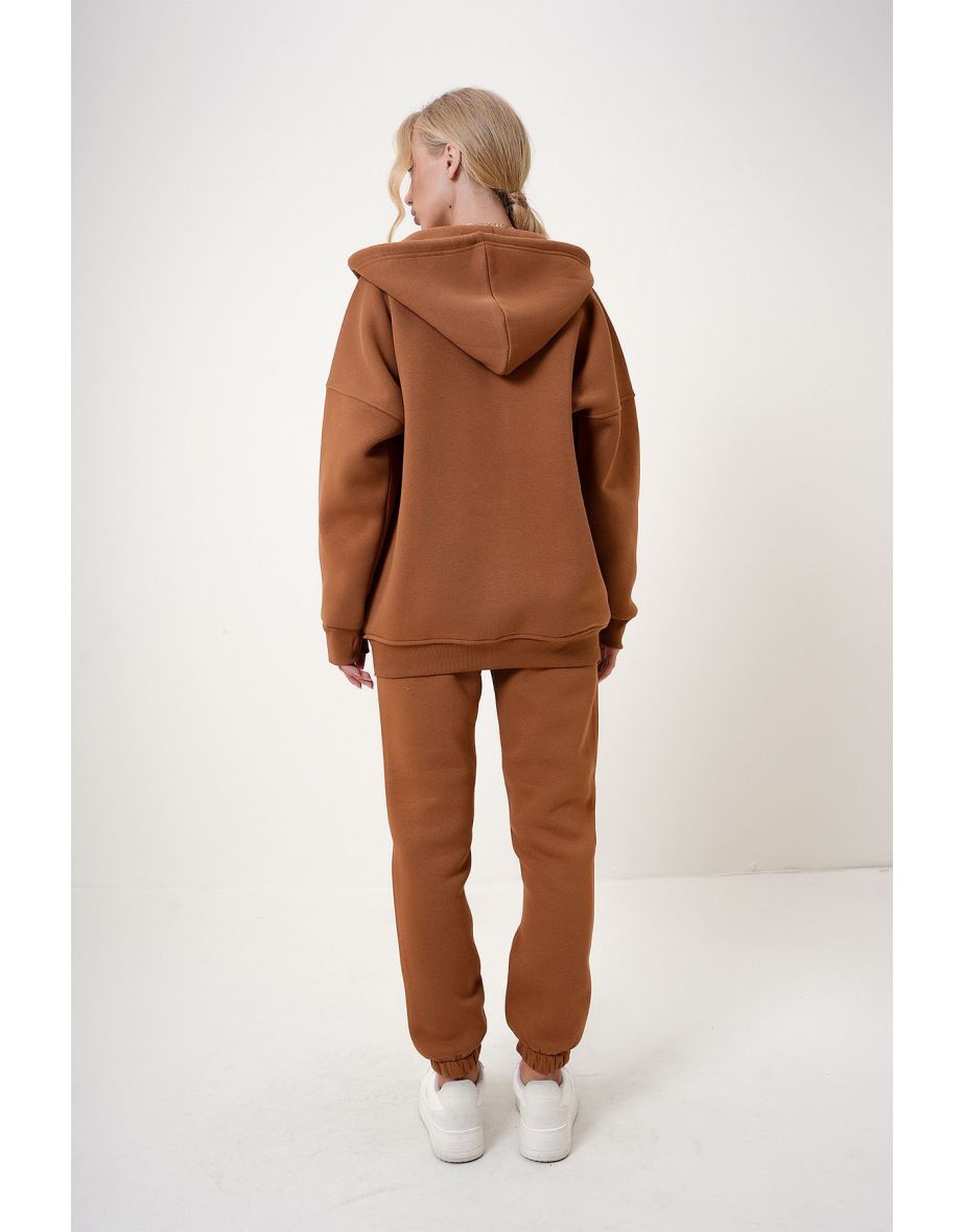 Women's Cinnamon Hooded Kangaroo Pocket 3 Yarn Inside Raised Tracksuit - 5
