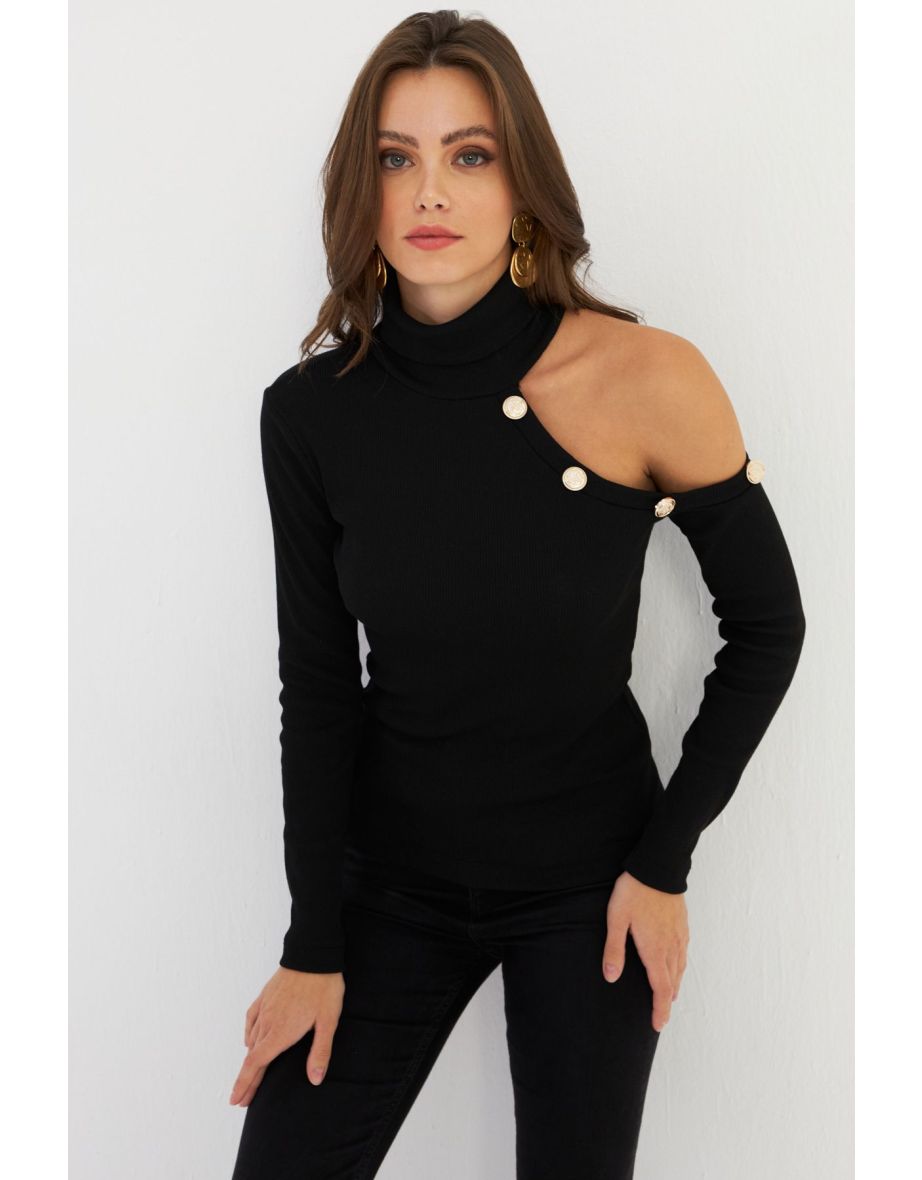 Women's Black One Shoulder Open Camisole Turtleneck Blouse