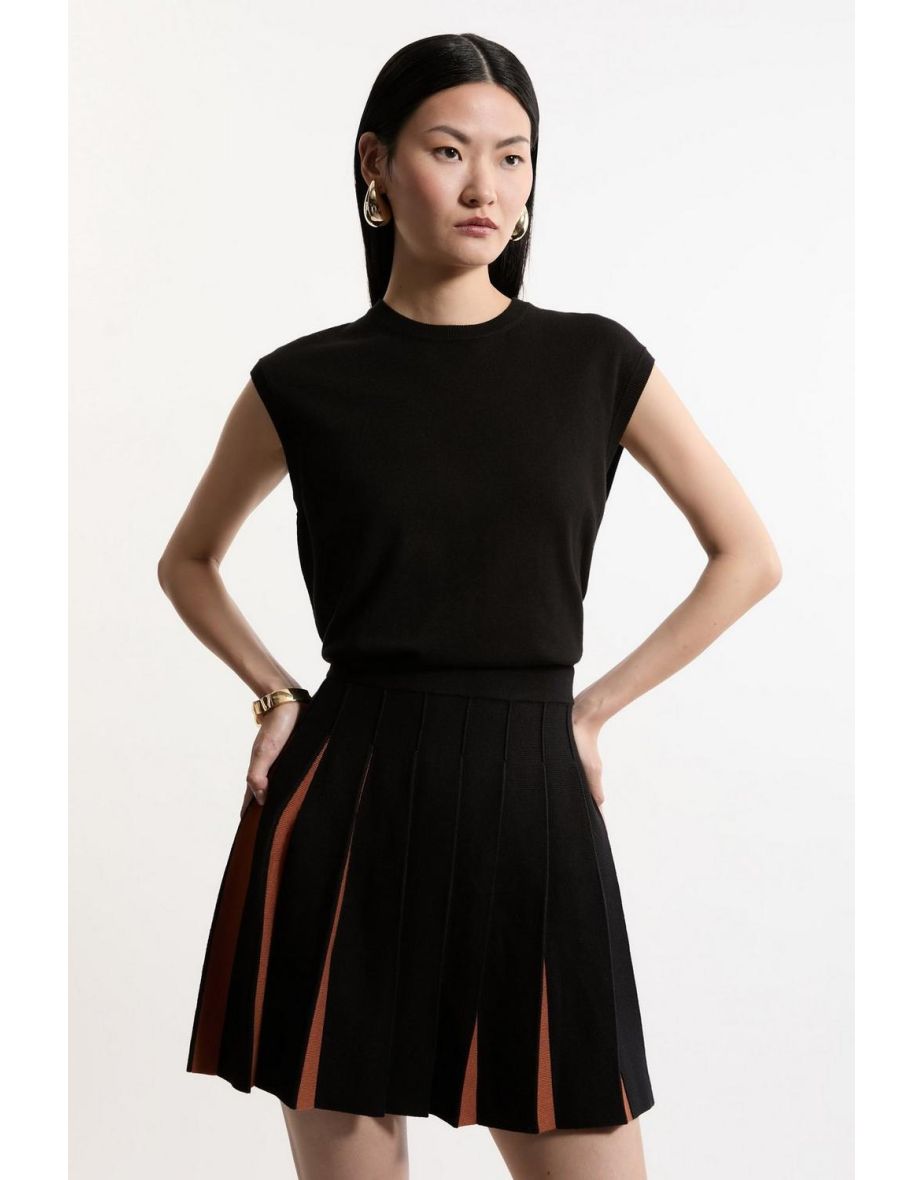 Pleated Wool Look Contrast Knit Mini Skirt