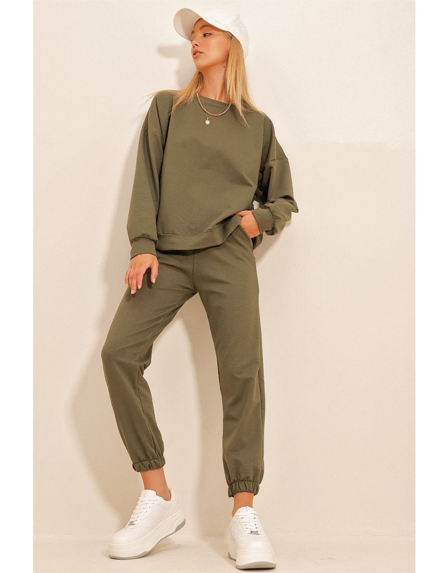 Women's Khaki Crew Neck Two Thread Basic Tracksuit Set