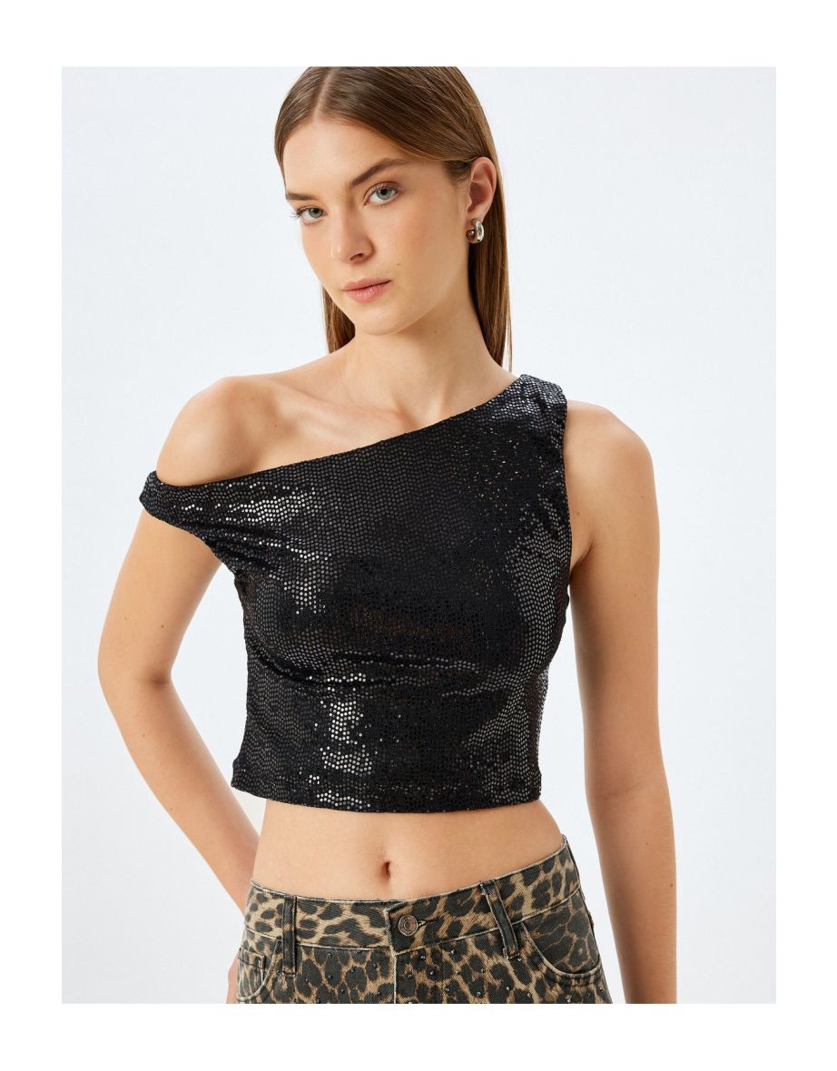 X Inji - Sequined Boat Neck Crop Sleeveless Slim Fit Blouse