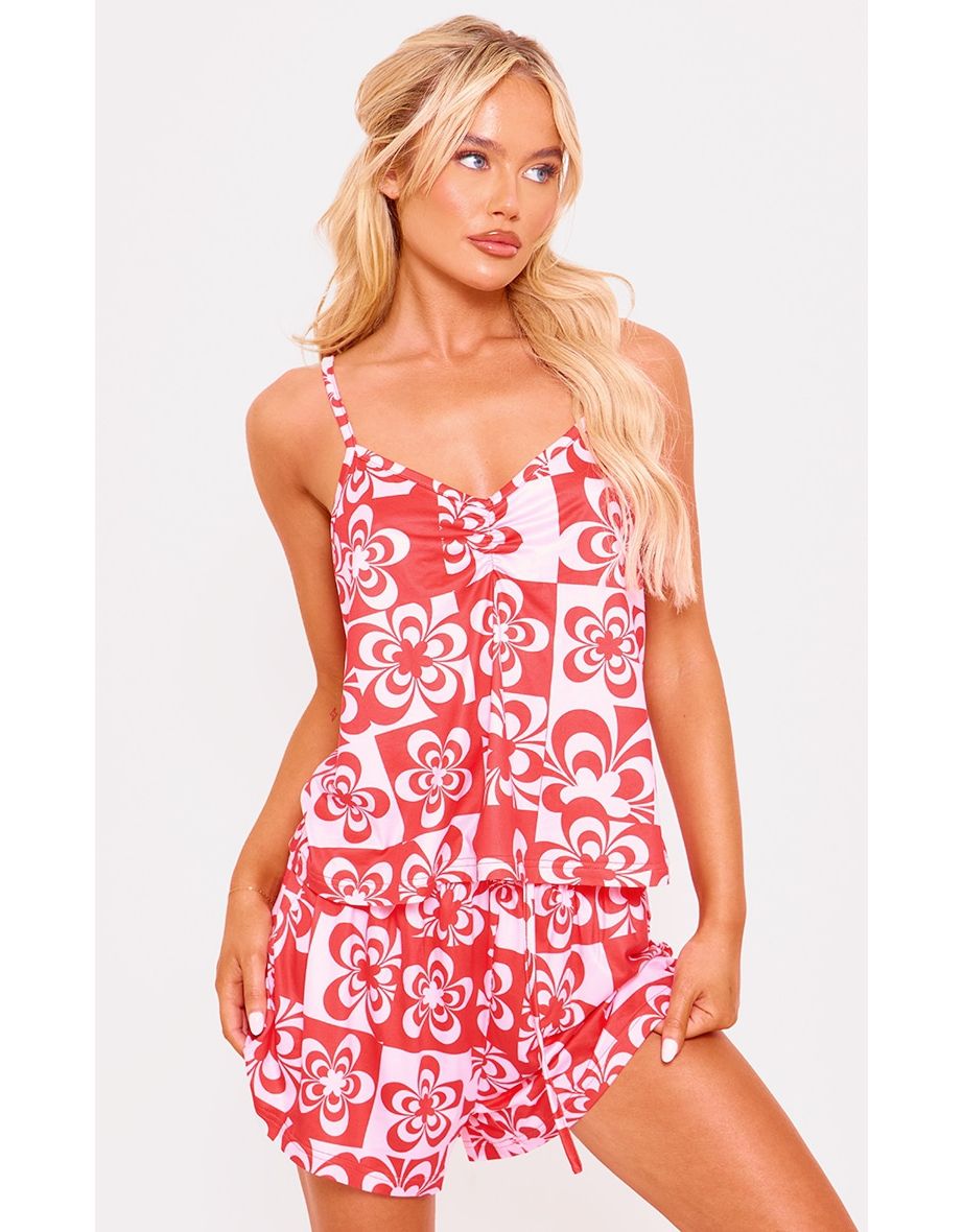 Red Retro Floral Cami And Short Pyjama Set