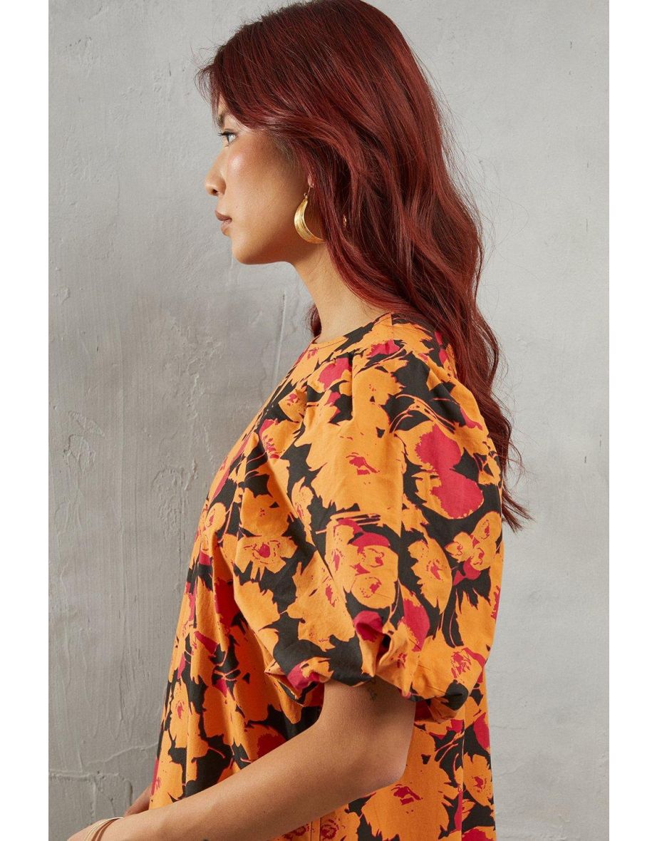 Poplin Orange Floral Print Volume Sleeve Scallop Detail Smock Dress - 3