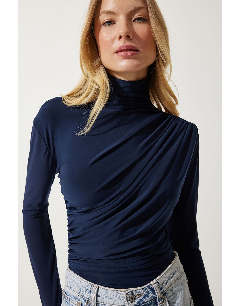 Women's Navy Blue Gathered Detailed High Neck Sandy Blouse