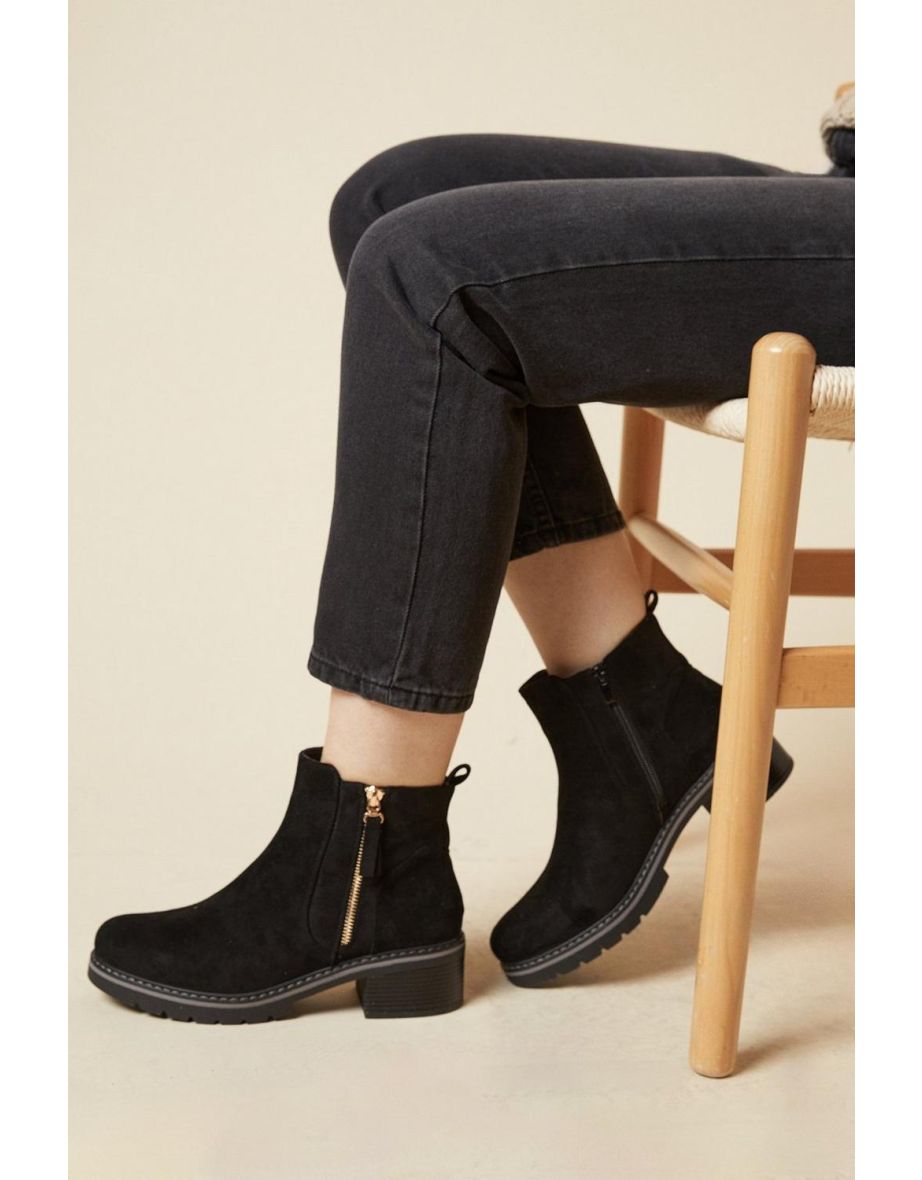 Good For The Sole: Malika Faux Suede Side Zip Low Heel Ankle Boot