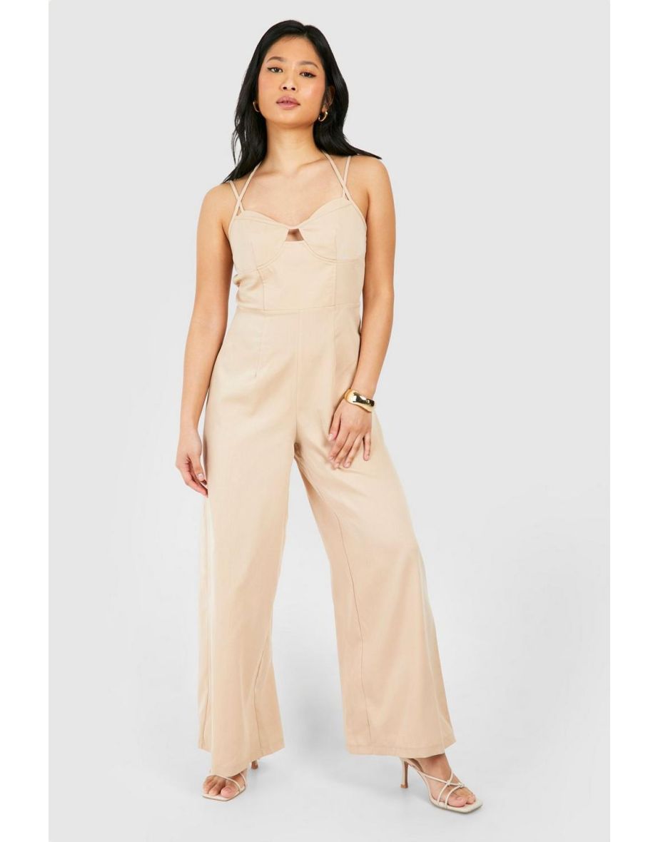 Petite Strap Detail Wide Leg Jumpsuit - camel