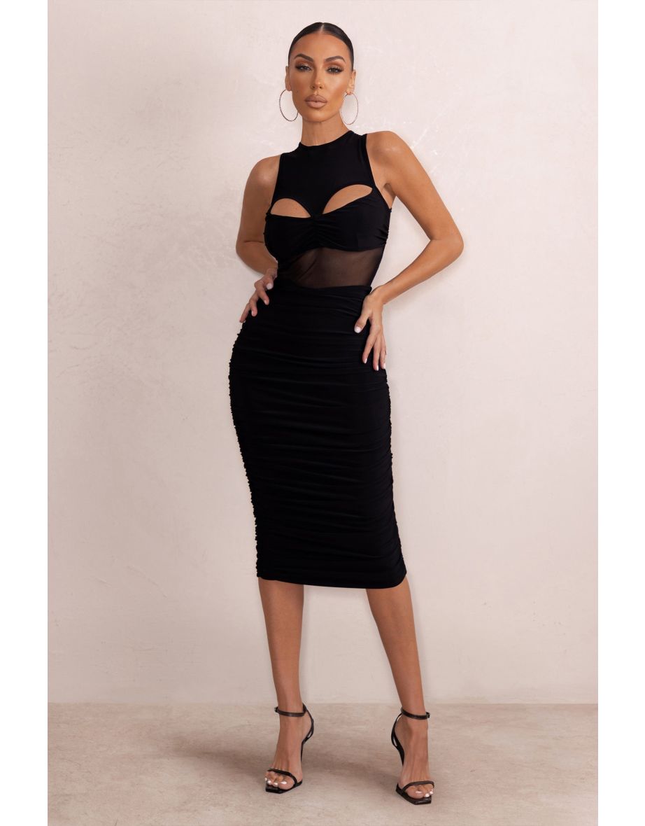 Enya | Black High Neck Cut Out Multi Strap Mesh Midi Dress