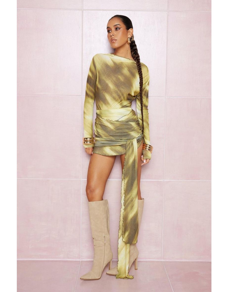 Printed Textured Mesh Long Sleeve Bodysuit And Tie Front Drape Micro Skirt - yellow