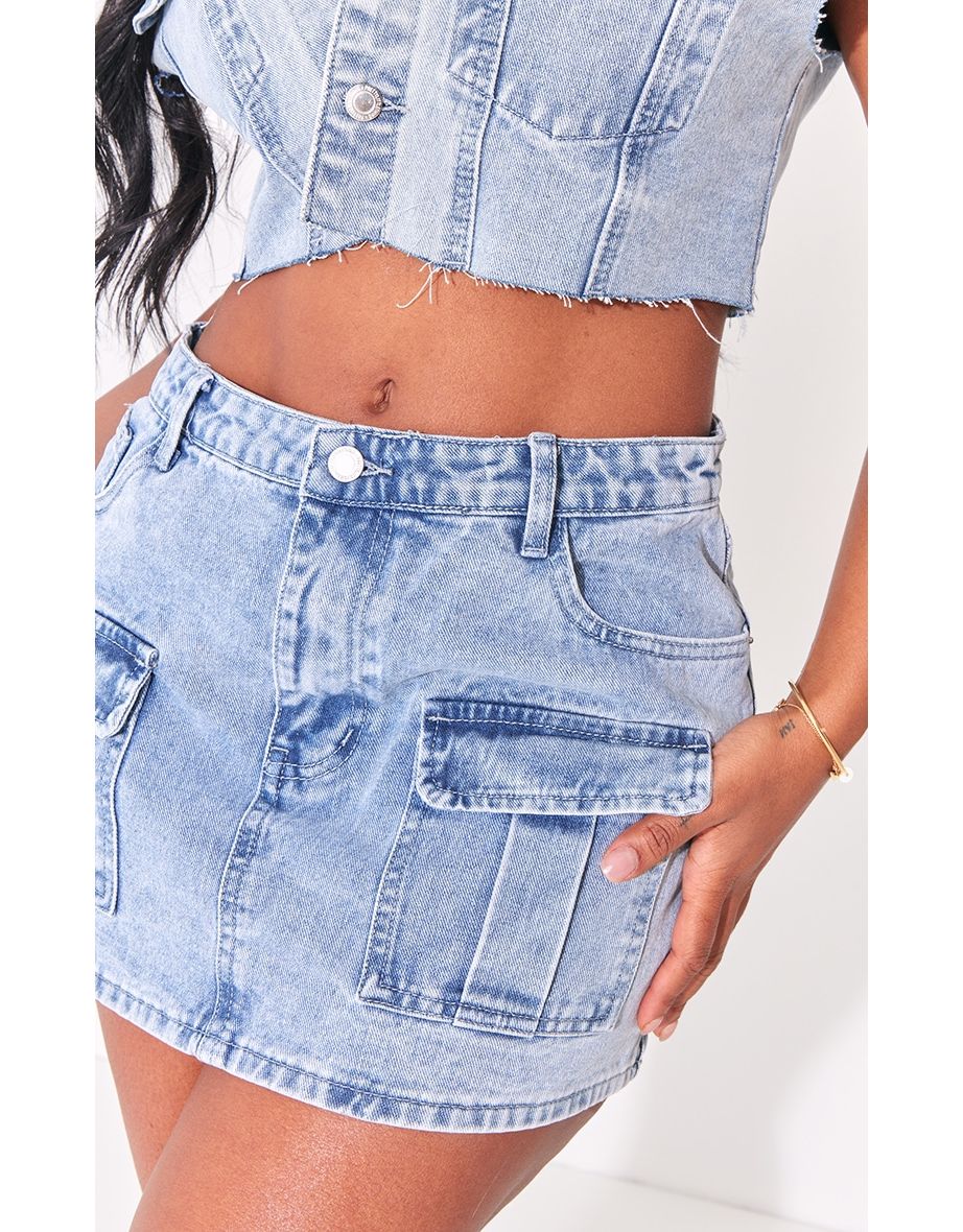 Shape Blue Acid Wash Denim Low Rise Micro Mini Skirt - 4