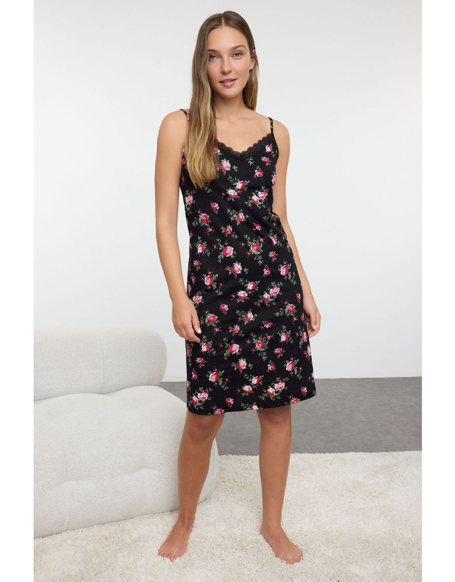 Black-Multicolored 100% Cotton Floral Jersey Knit Nightgown
