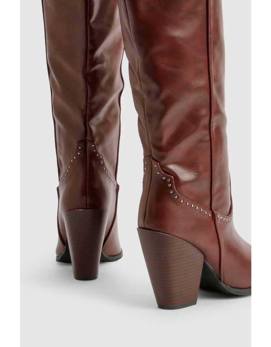 Western Studded Detail Boots - burgundy - 3