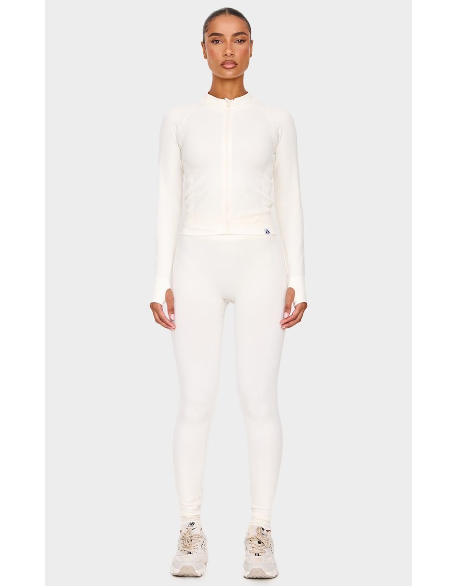 Cream Ribbed Detail Gym Leggings