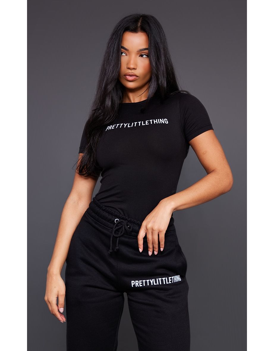 PRETTYLITTLETHING Black Logo Short Sleeved Bodysuit