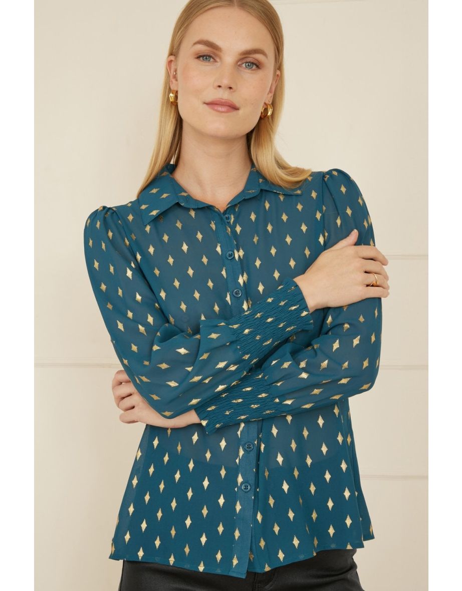 Yumi Teal Diamond Foil Print shirt With Ruched Cuff