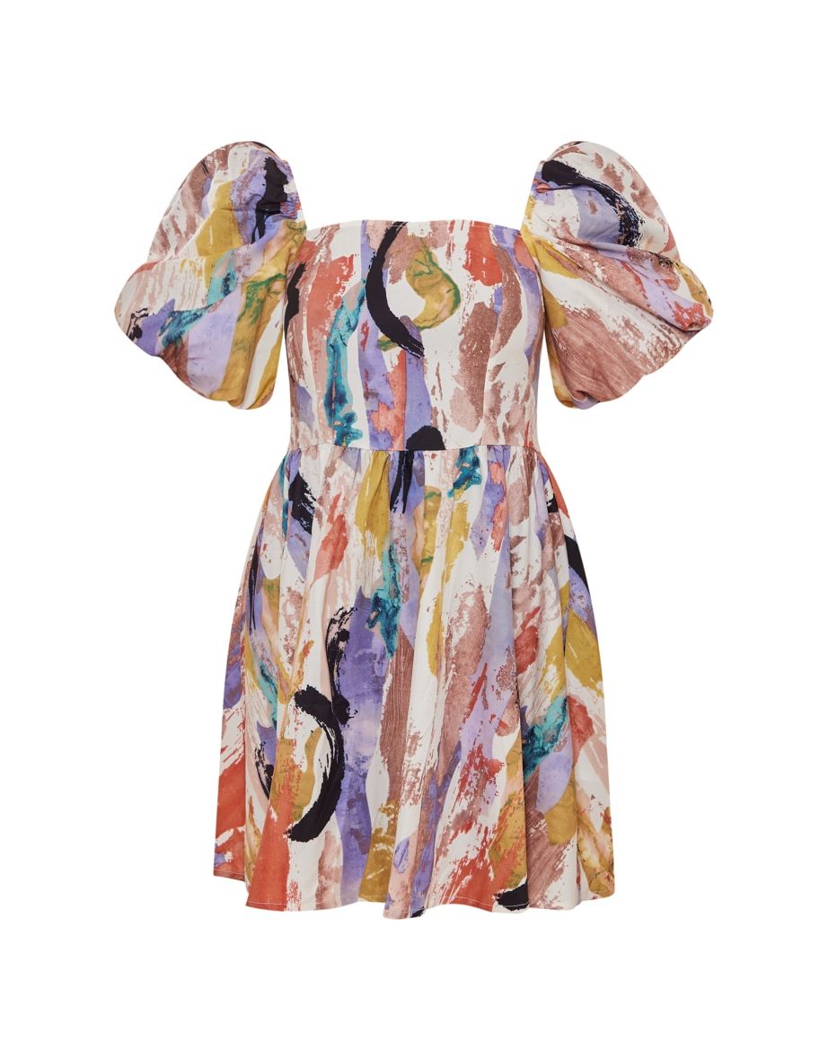 Multi Abstract Print Puff Sleeve Tie Waist Shift Dress - 4