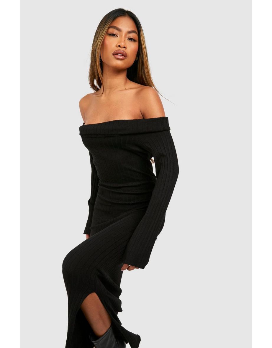 Oversized Bardot Neckline Knitted Maxi Dress - black - 3