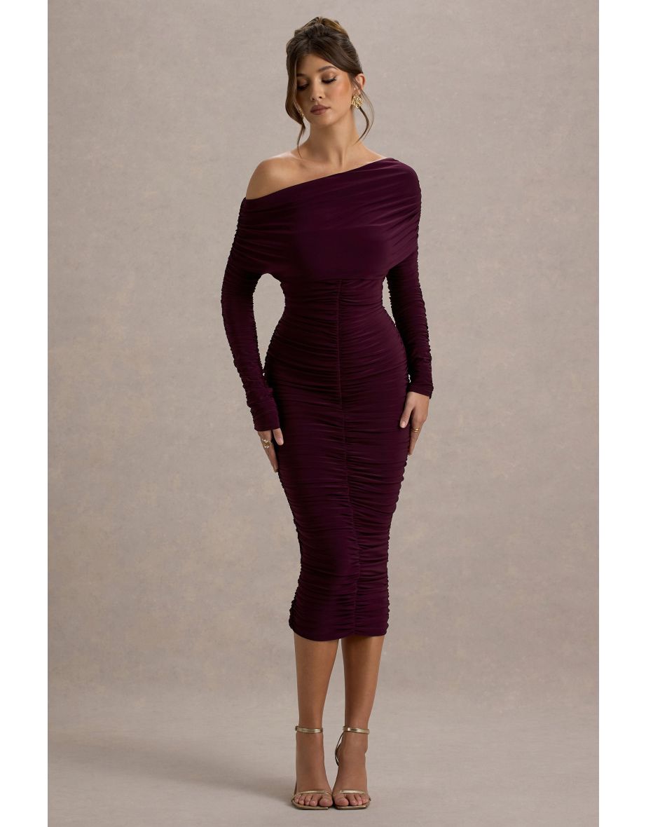 Sinclair | Plum Ruched One-Shoulder Bodycon Midi Dress