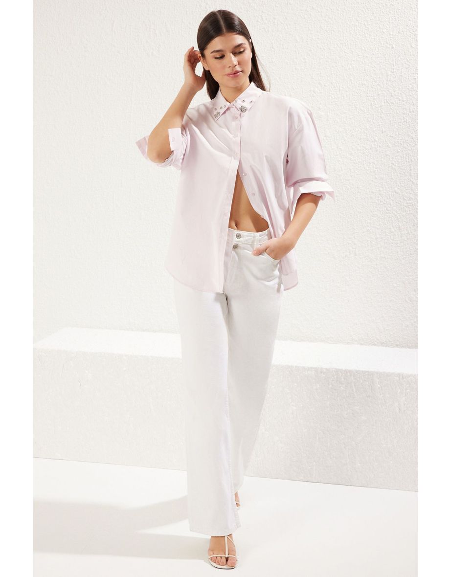 Light Pink Collar Stone Detail Oversize Woven Shirt