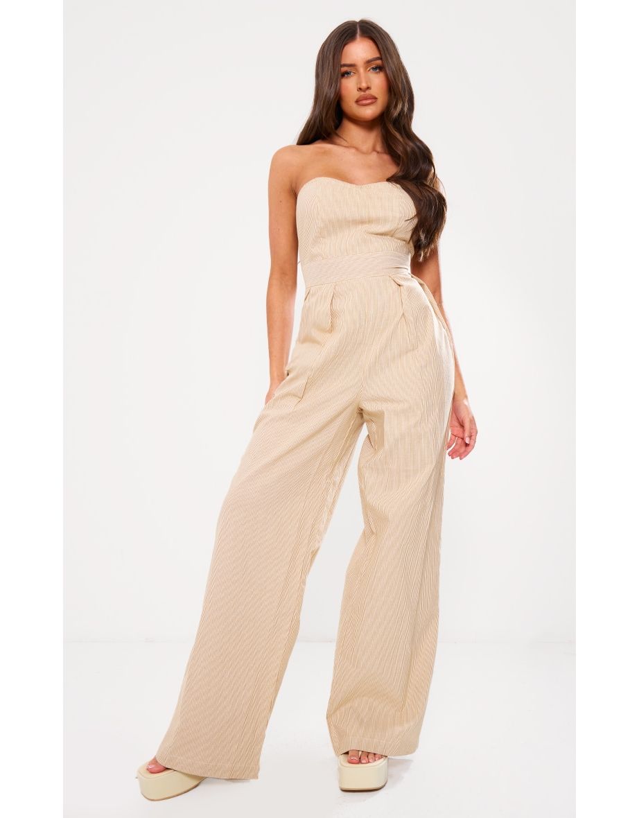 Stone Stripe Bandeau Cotton Pleated Detail Wide Leg Jumpsuit