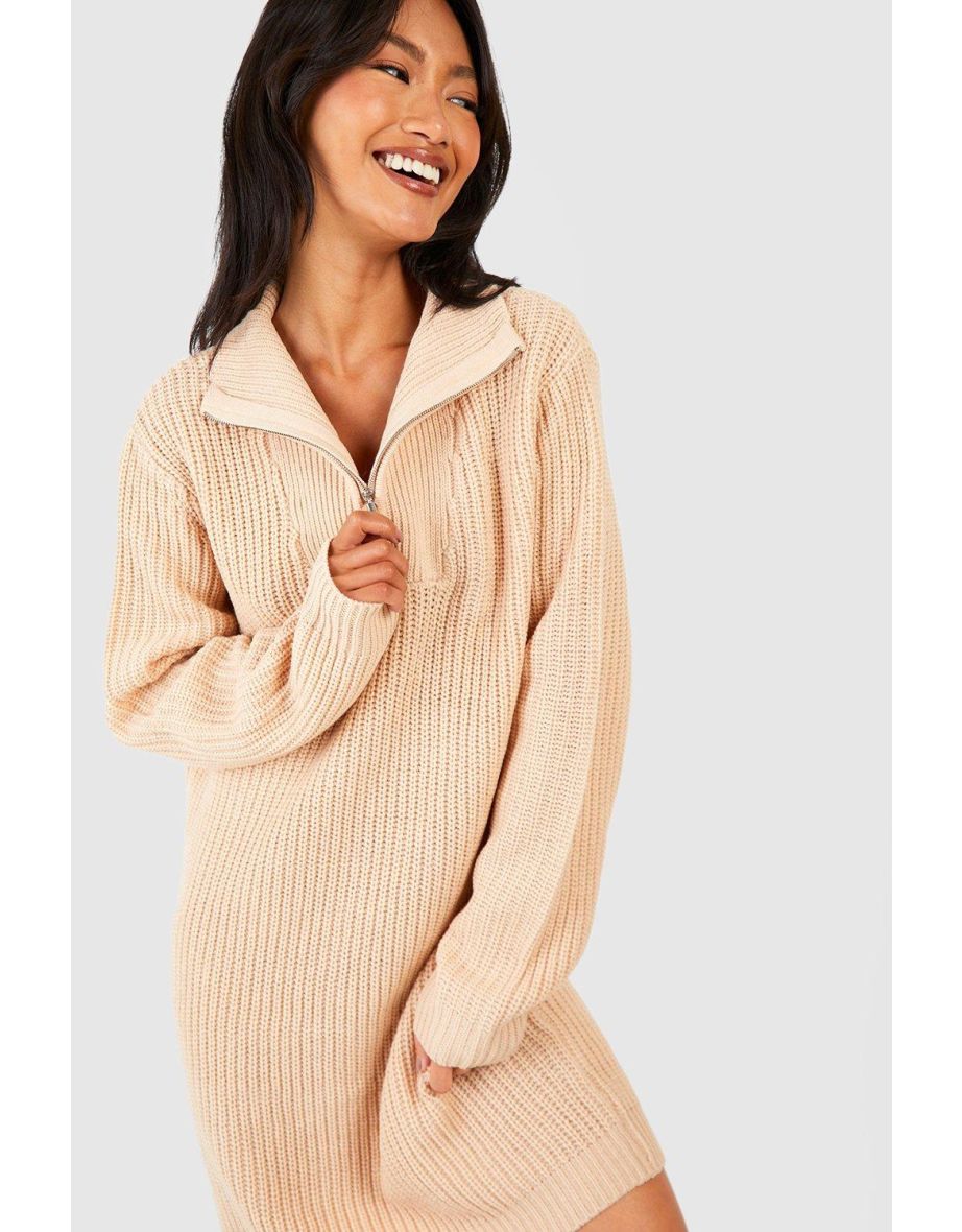 Zip Neck Knitted Mini Jumper Dress - biscuit - 3