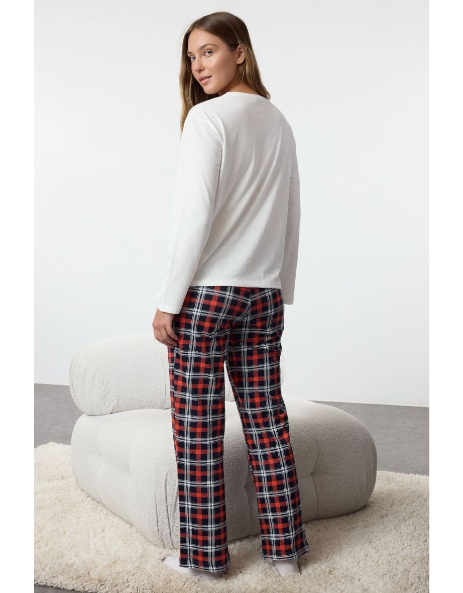 Women's Couple White Plaid / Checkered Single Jersey Knitted Pajama Set - 4