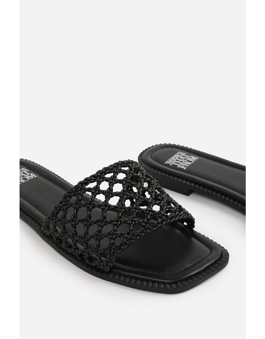 CHELSEA WOVEN STRAP DETAIL FLAT SANDALS IN BLACK FAUX LEATHER - 4