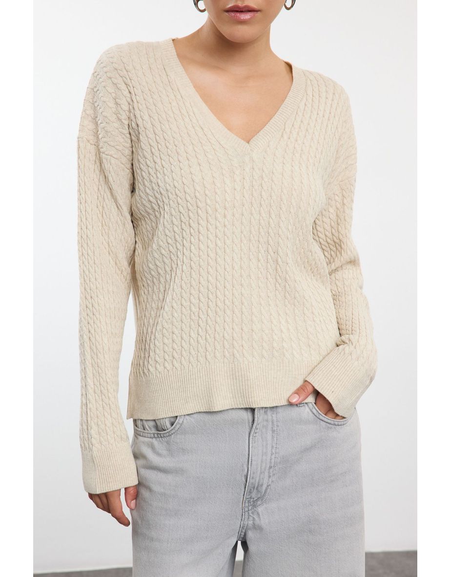 Stone Wide Pattern Hair Braid Detailed Knitwear Sweater - 4