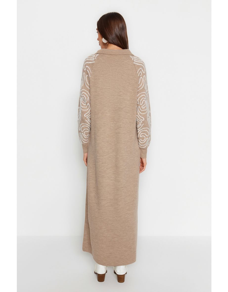 Mink Polo Neck Sleeves Patterned Sweater Dress - 6
