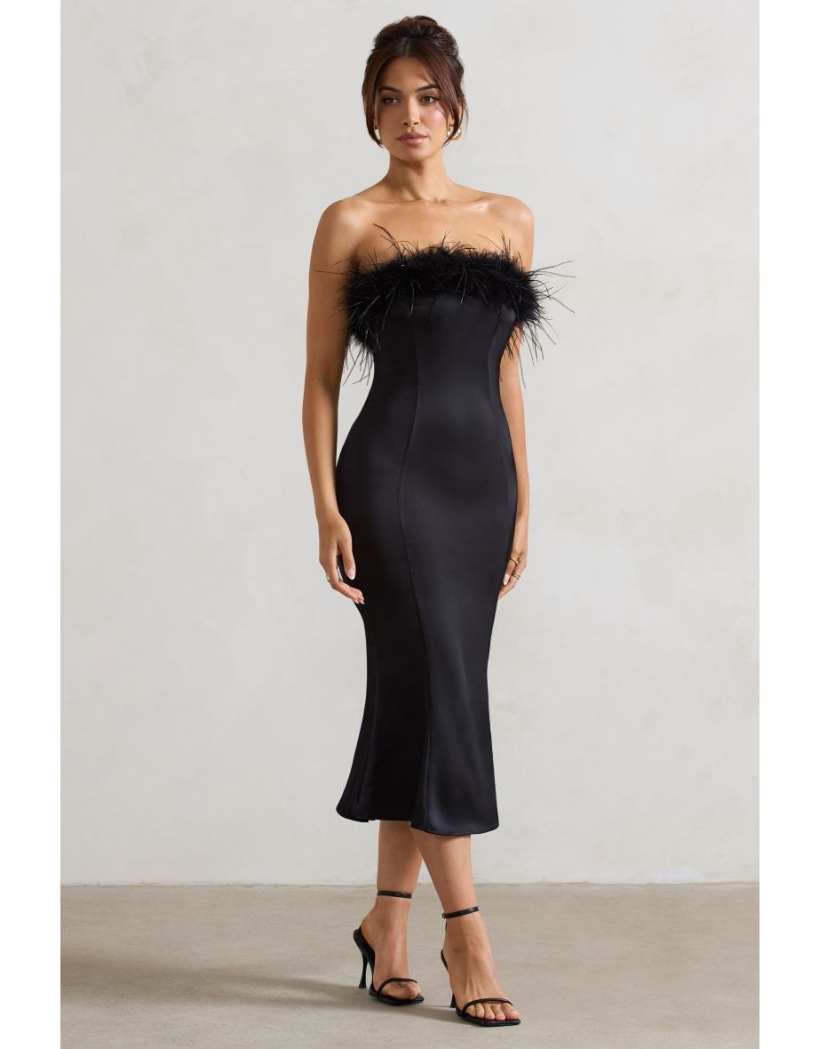One And Only | Black Satin Feather Trim Midaxi Dress - 4