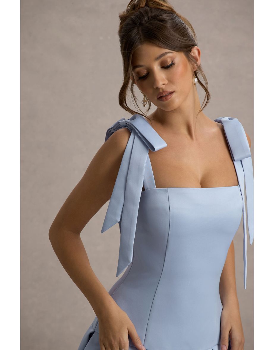 Alberta | Powder Blue Satin Midi Dress With Bow Straps - 6