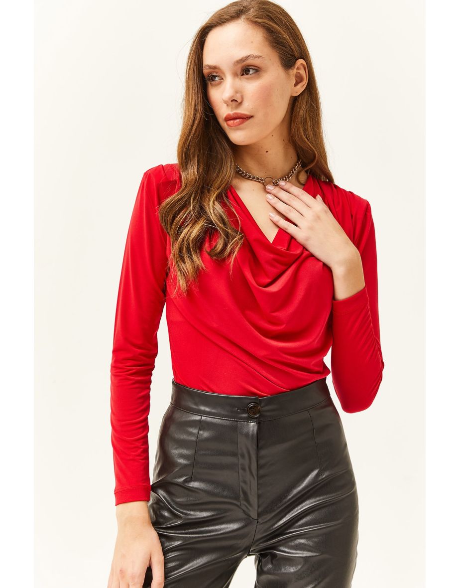 Women's Red Waistband Pleated Roll Up Collar Blouse