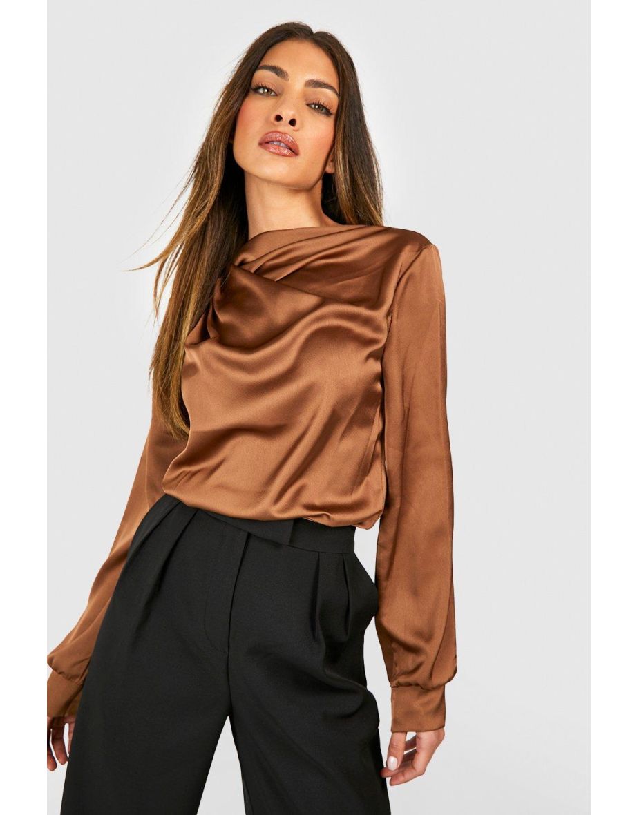 Satin Twist Neck Blouse - caramel
