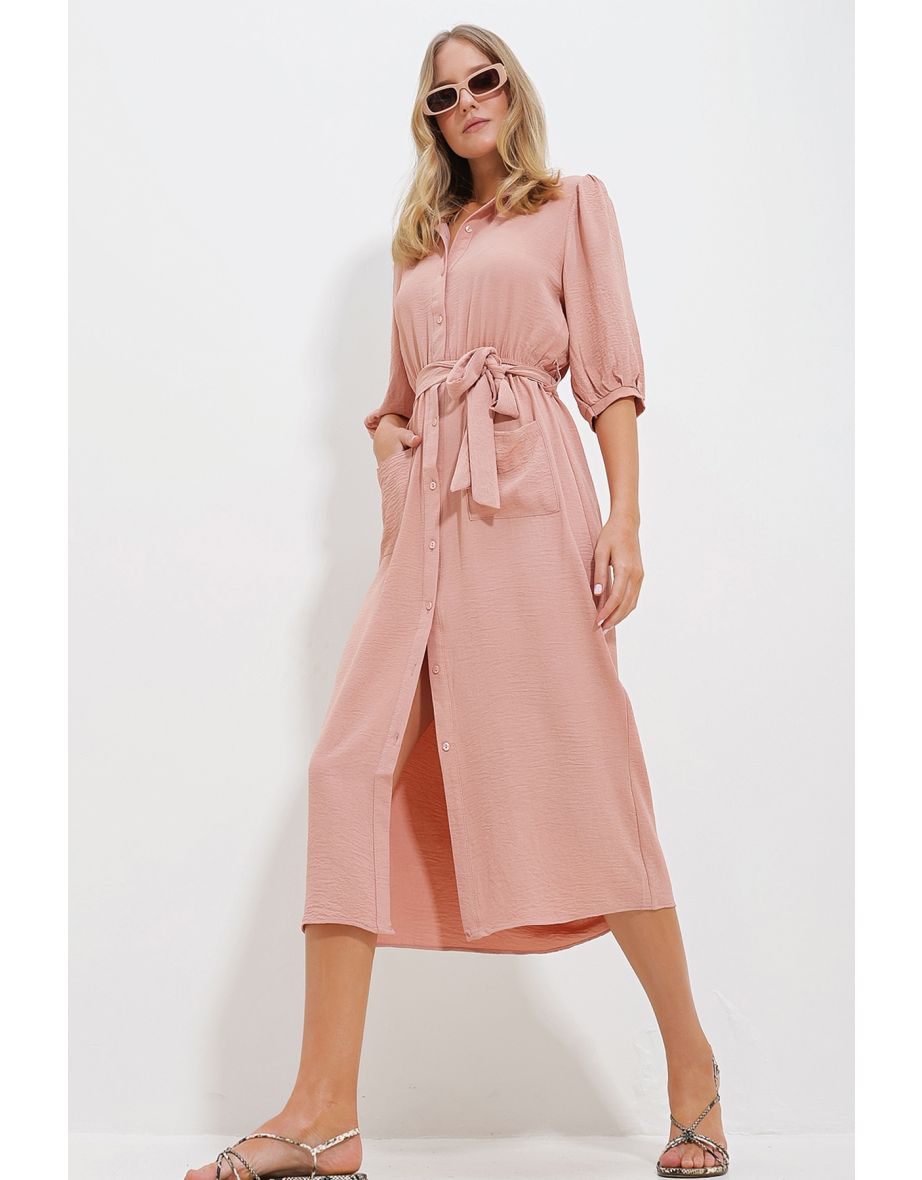 Women's Powder Double Pocketed Watermelon Sleeve Aerobin Shirt Dress